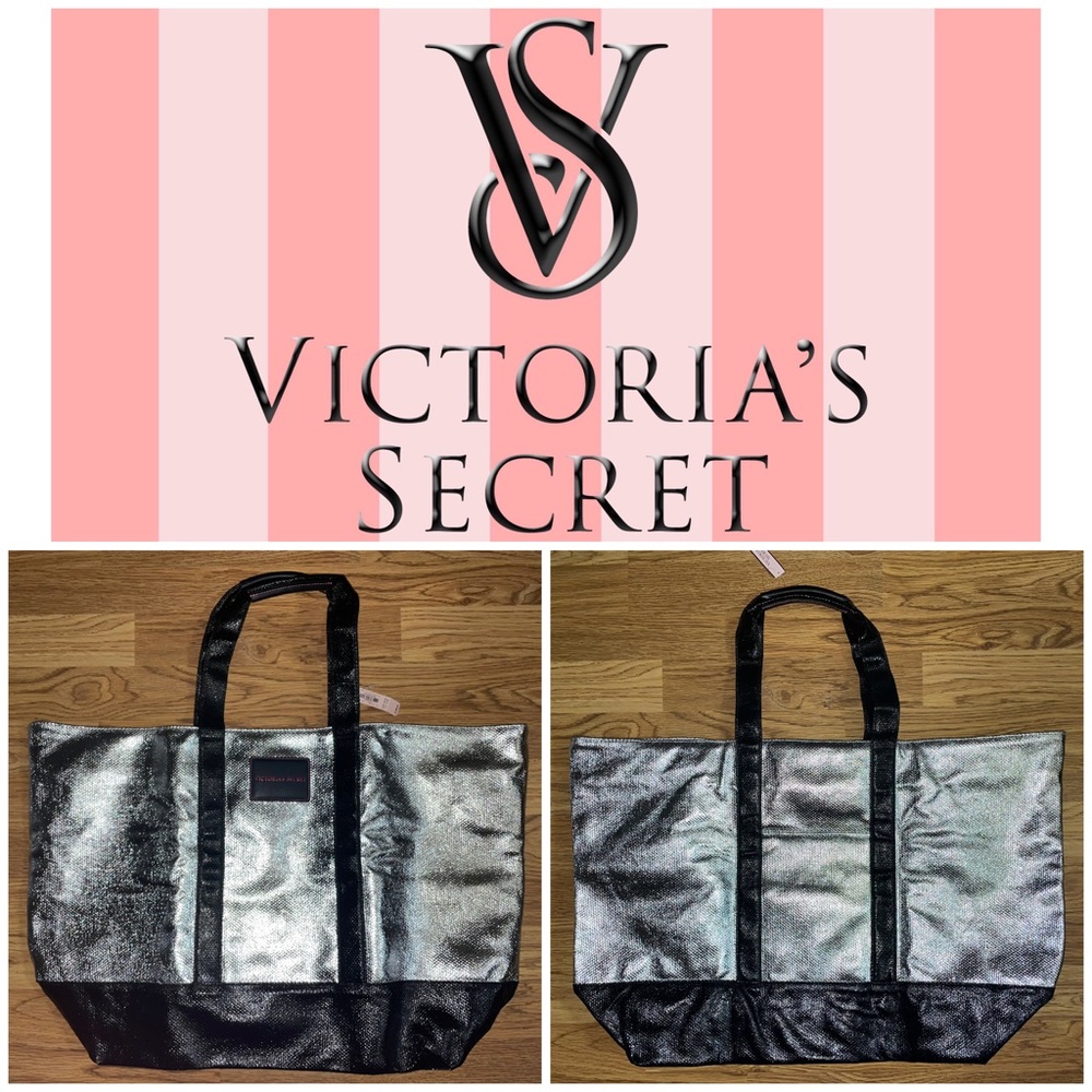 NWT Victoria’s Secret Limited Edition Tote Metallic Shiny Silver Black Pink